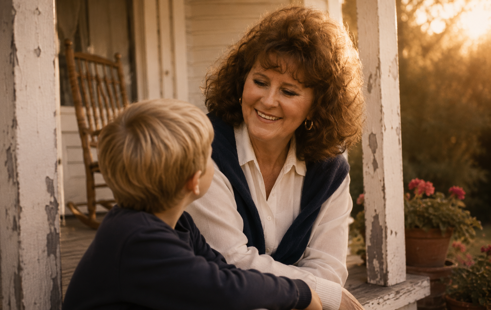 A grandmother and her grandson on a vintage front porch at golden hour
